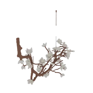 Modello 3D di un ramo di ciliegio marrone con fiori bianchi, progettato come lampadario, su sfondo bianco.