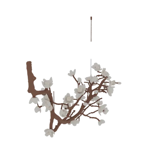 Modèle 3D d'une branche de fleur de cerisier brune avec des fleurs blanches, conçue comme un lustre, sur fond blanc.
