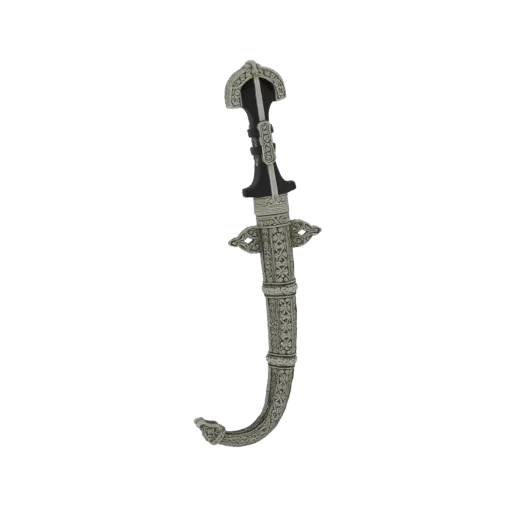 3D-Modell eines verzierten Silberdolchs mit schwarzem Griff, das aufwendige Zierelemente auf Klinge und Scheide zeigt.