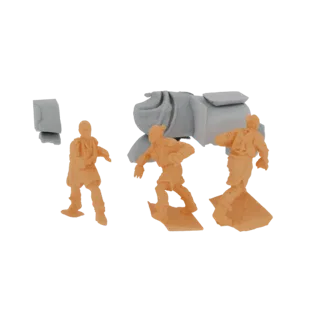 3D-Modell-Vorschau von drei orangefarbenen Fantasy-Kriegern in Action-Posen, die eine große graue Maschinengewehr umgeben, vo
