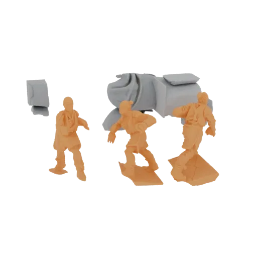 3D model preview of three orange fantasy warriors in action poses surrounding a large grey machine gun, set against a white b