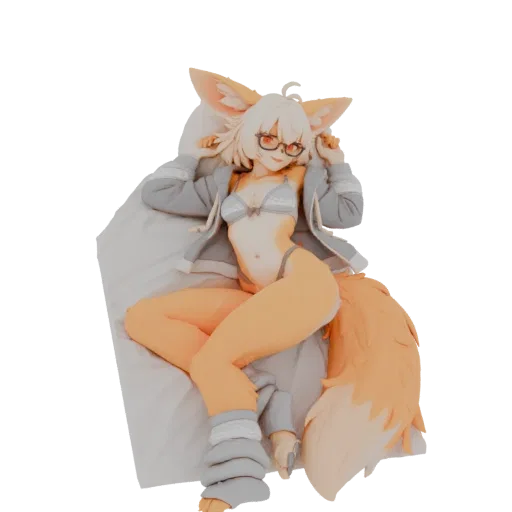 3D model of a Kitsune girl with fox ears and tail, wearing glasses and a light jacket, lounging on a pillow.