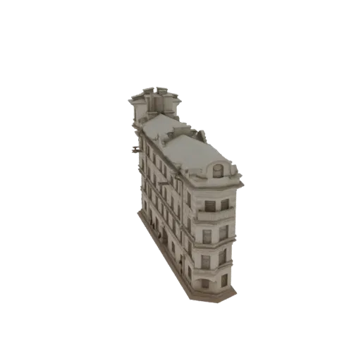3D model of a detailed, ornate European apartment building with multiple stories and balconies, set against a black background.