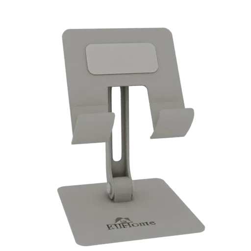 A 3D render of a gray, adjustable tablet stand with a pivoting cradle and a sturdy base, displaying a subtle 'RU Home' logo.