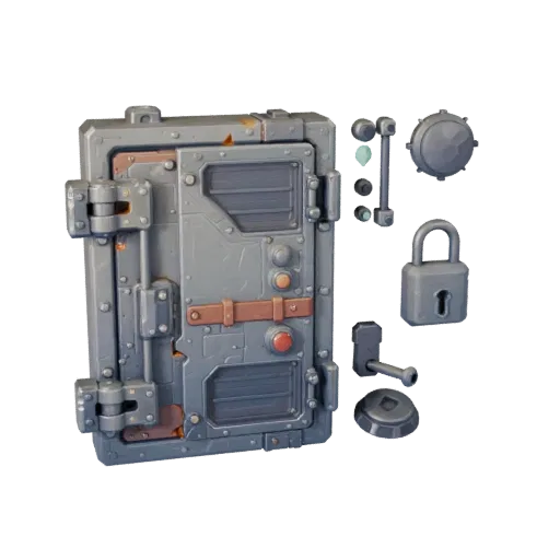 Industrial Locked Door Panel Stylized 3D model, stylized isometric render, showing metal hinges, form detail.