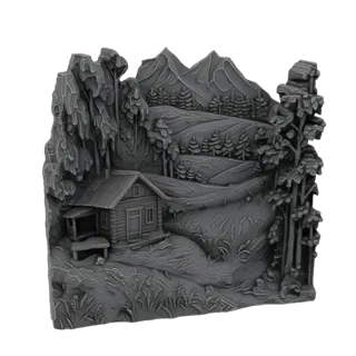 3D model of a rustic log cabin in a mountain landscape with trees and hills, rendered in a gray, relief-style.