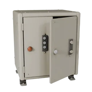 Moderner Schalterkasten realistisches 3D-Modell, Dreiviertel-Studio-Rendering, mit Metallscharnieren, klaren Interaktionsmögl
