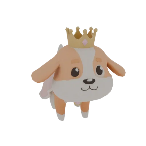Uma renderização 3D de um cachorro fofo e estilizado usando uma coroa dourada e uma capa rosa, olhando para frente com uma ex
