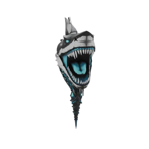 Modelo 3D de cabeza de tiburón cibernético con ojos azules brillantes, dientes afilados y cuerpo metálico segmentado, sobre f