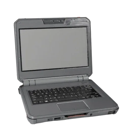 Rugged Laptop 3D model, three-quarter front view, Unity viewport, showing brushed metal, open lid angle.