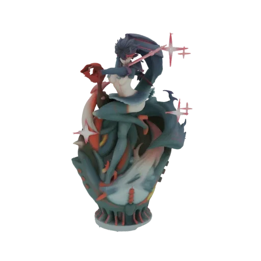 3D model of an anime battle scene with two figures in dynamic poses, surrounded by red and white energy effects, on a stylized base.
