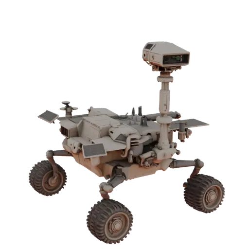 Mars Planetary Rover Printable 3D model, isometric STL render, showing dusty wheels, vehicle stance.