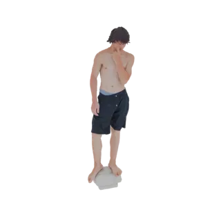 Modello 3D di un giovane con capelli scuri, a torso nudo e con pantaloncini, che si infila il dito nel naso mentre è in piedi
