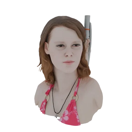 3D-Modell einer jungen Frau mit kastanienbraunem Haar, die einen pinken Blumen-Bikini und eine Halskette trägt und leicht zur Seite blickt.