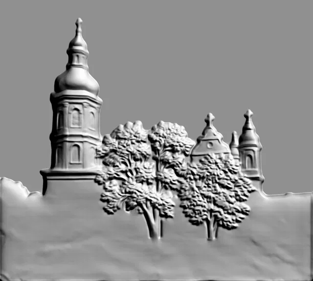 Modelo 3D do baixo-relevo «Pinsk» com uma antiga igreja e árvores