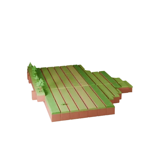Farmland Field Strip Unity 3D model, isometric viewport view, showing layered soil, layered vegetation clusters.