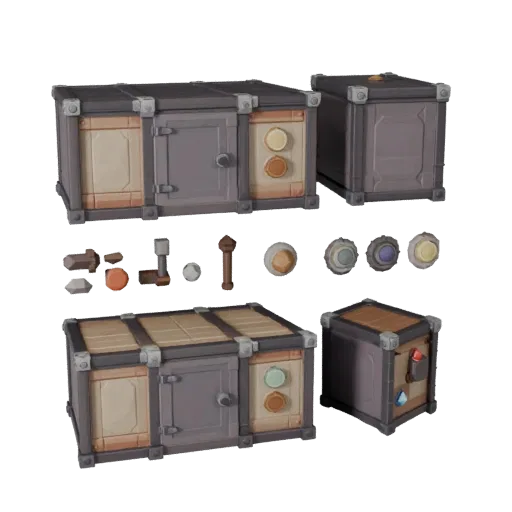 Dungeon Switch Box Low Poly 3D model, game viewport three-quarter view, showing metal hinges, form detail.