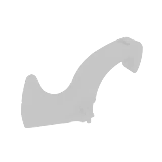 A 3D render of an abstract, light gray curved hook with smooth, flowing lines against a white background.