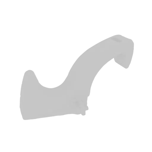 Uma renderização 3D de um gancho curvo abstrato, cinza claro, com linhas suaves e fluidas contra um fundo branco.