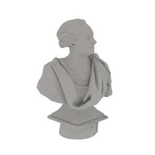 Renderização 3D de um busto clássico de homem com togas, mostrado de perfil contra um fundo branco.