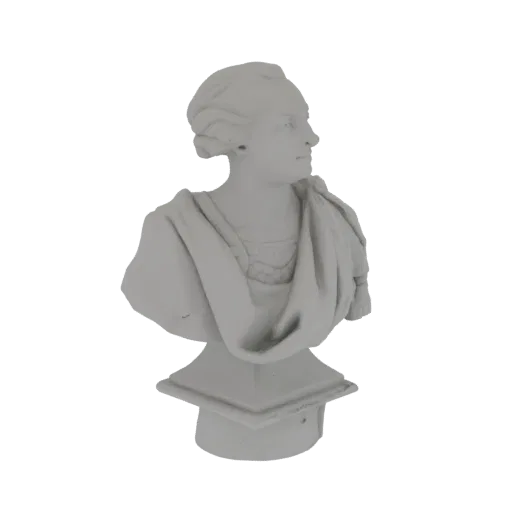 Rendu 3D d'un buste classique d'homme aux robes drapées, montré de profil sur fond blanc.