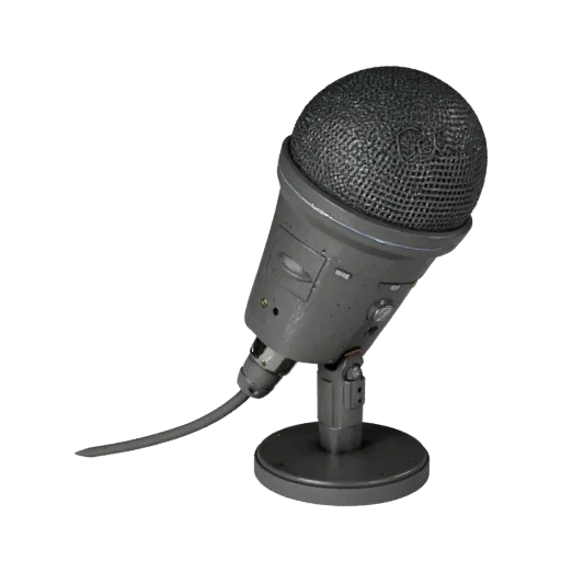 Modello 3D realistico di Microfono, rendering da studio a tre quarti, che mostra gusci in plastica, scala da scrivania.