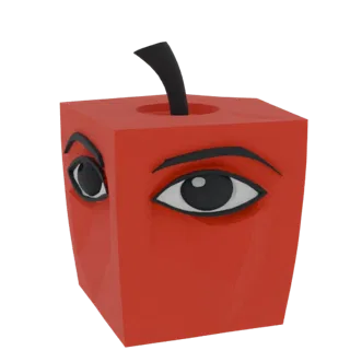 Un rendering 3D di una mela rossa in stile cubista con due grandi occhi stilizzati sulla sua superficie anteriore e un gambo