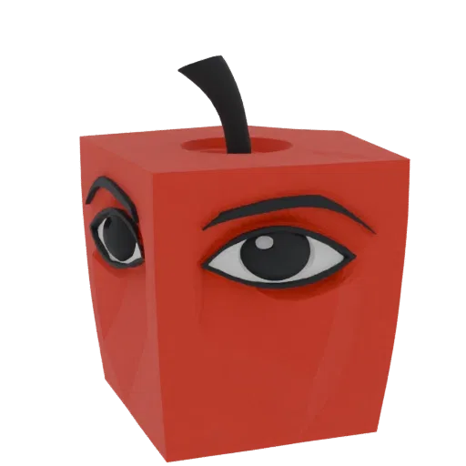 Uma renderização 3D de uma maçã vermelha estilo cubista com dois grandes olhos estilizados em sua superfície frontal e um cau