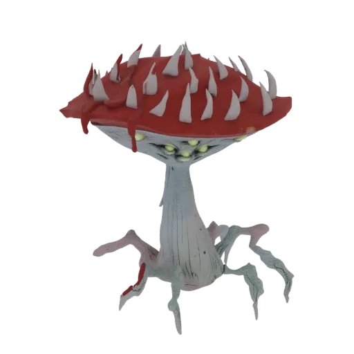 3D model of a Fungal Horror Creature with a red, tooth-lined cap, multiple glowing eyes, and spindly legs.