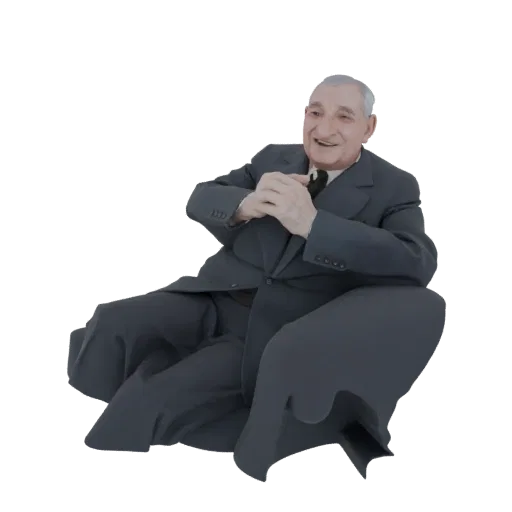 3D model of an elderly man in a dark suit sitting comfortably in a dark armchair, smiling.