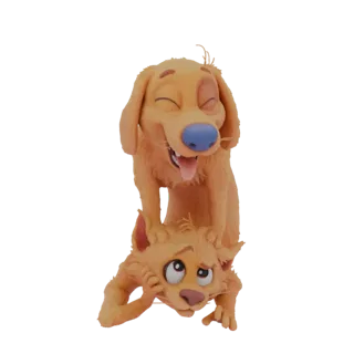 A 3D render of a happy, golden dog with eyes closed and tongue out, balancing on the head of a ginger cat with wide, surprise