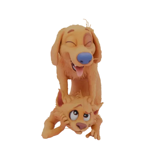 A 3D render of a happy, golden dog with eyes closed and tongue out, balancing on the head of a ginger cat with wide, surprise