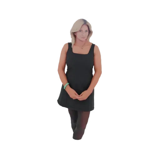3D model render of a woman with blonde hair wearing a black dress, standing with hands clasped.