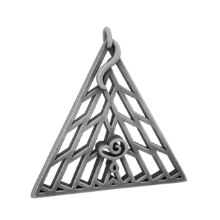 3D model of a metallic geometric triangle pendant with an intricate lattice pattern and a central heart design, shown against