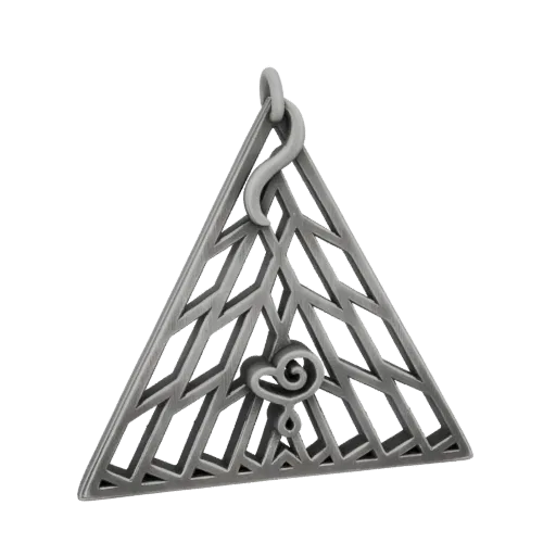 3D model of a metallic geometric triangle pendant with an intricate lattice pattern and a central heart design, shown against