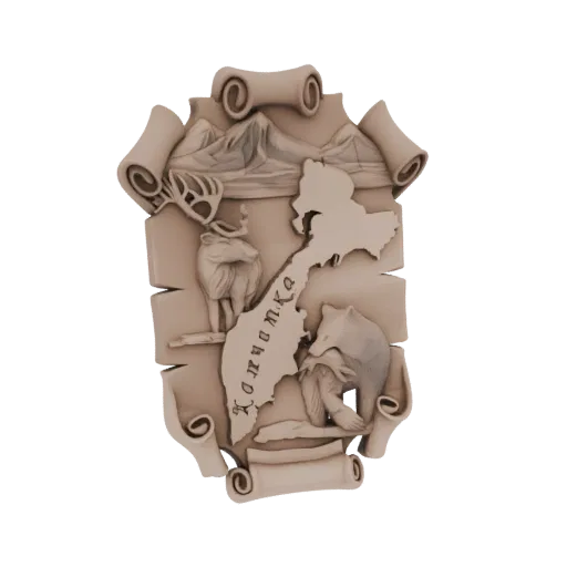 3D model of the Kamchatka region emblem, featuring a bear, deer, mountains, and the region's map outline.