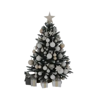 Modello 3D di un albero di Natale ghiacciato decorato con palline bianche e beige e un puntale a stella, con scatole regalo a