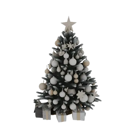 Ein 3D-Modell eines frostigen Weihnachtsbaums, dekoriert mit weißen und beigen Kugeln und einer Sternspitze, mit Geschenkboxe