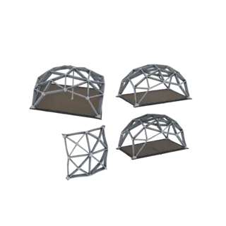 Modello 3D di una struttura a cupola geodetica con telaio metallico e base aperta, mostrata da diverse angolazioni.