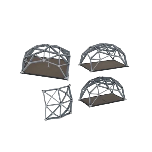 Modèle 3D d'une structure de dôme géodésique avec cadre métallique et base ouverte, vu sous plusieurs angles.