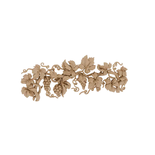Modelo 3D de relieve de vid ornato con hojas detalladas y racimos de uvas, renderizado con textura de madera clara.