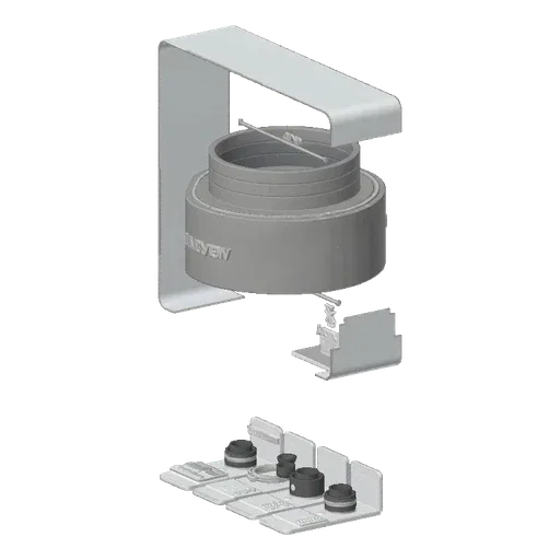 3D model of a grey industrial pipe connector with measurement markings and a small mechanical component attached.