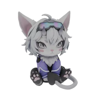 Modèle 3D d'un adorable personnage de chaton chibi à fourrure blanche, portant des lunettes futuristes et une veste violette,