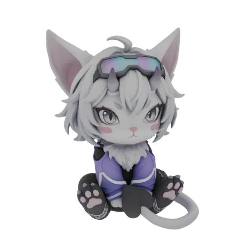 Modelo 3D de um gato chibi fofo com pelo branco, usando óculos futuristas e uma jaqueta roxa, sentado com as patas recolhidas