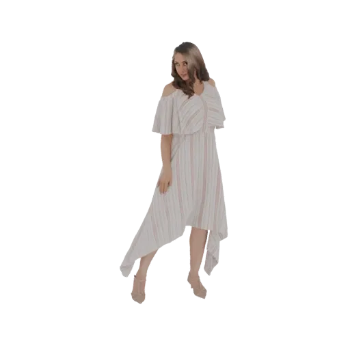 3D model of a woman wearing a white and pink striped off-shoulder dress with an asymmetrical hem, posed against a white backg