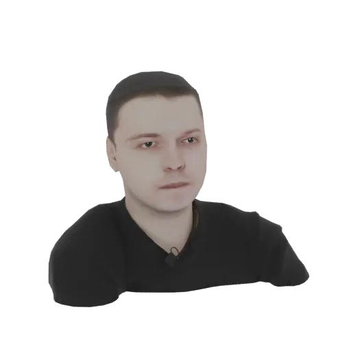 3D model of a young man with short brown hair wearing a black t-shirt, looking to the side.