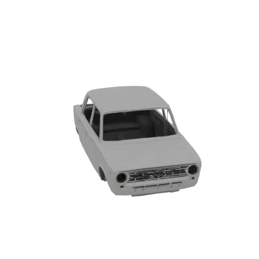 A 3D render of a gray, untextured 1970s sedan car body, viewed from a three-quarter front angle against a white background.
