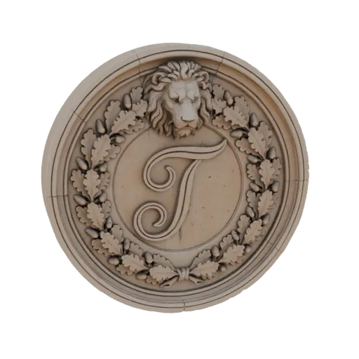3D render of a circular stone emblem featuring a lion's head, an oak leaf wreath, and a central 'T' initial.