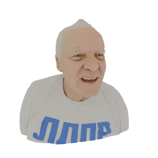 3D model of an elderly man with white hair and a blue-lettered t-shirt, looking towards the viewer.