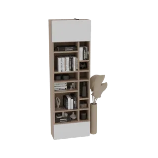 3D model of a modern tall bookshelf with a white cabinet on top and open shelves, displaying books and decor items.